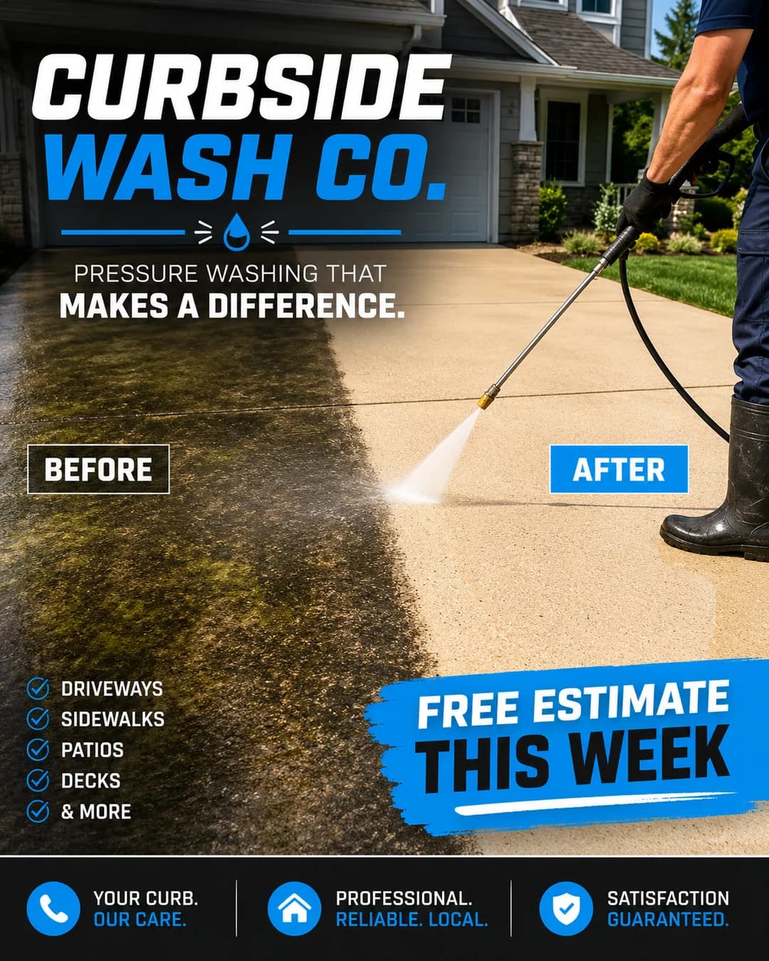 Revexly-generated pressure washing ad: before-and-after of a washed driveway with a free estimate offer