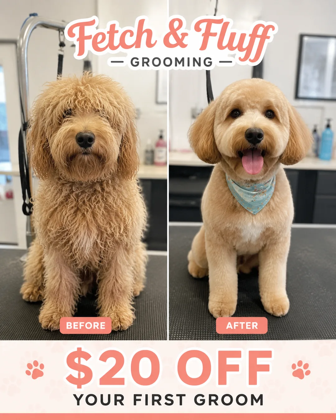Revexly-generated dog grooming ad: before-and-after of a groom with $20 off the first appointment