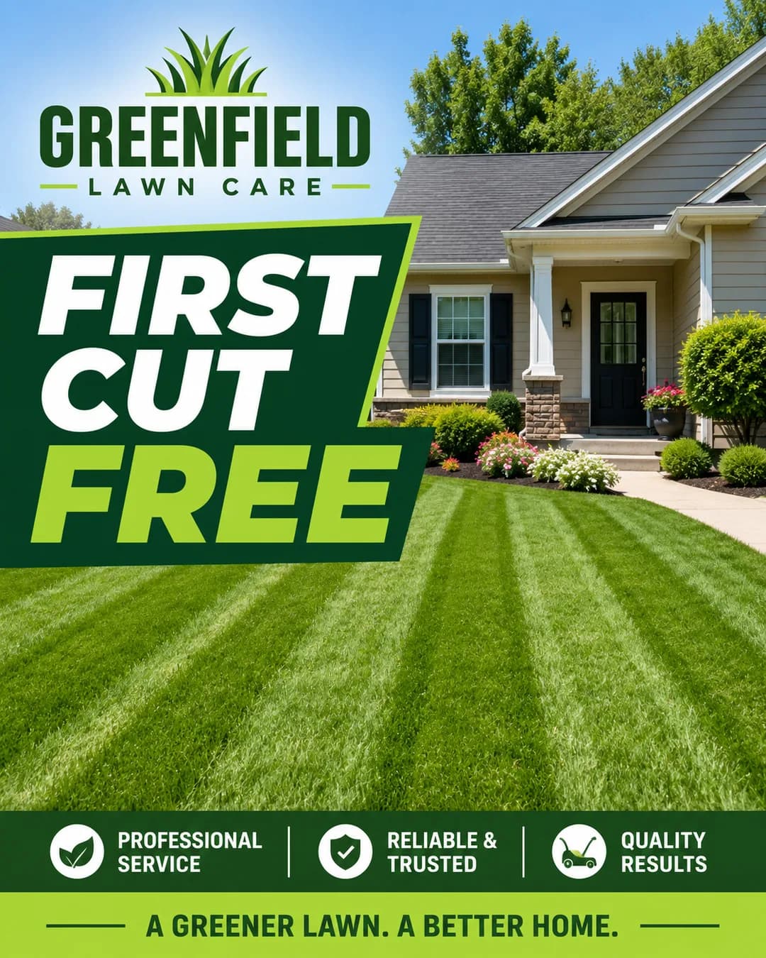 Revexly-generated lawn care ad: a freshly mowed striped lawn with a free first cut offer
