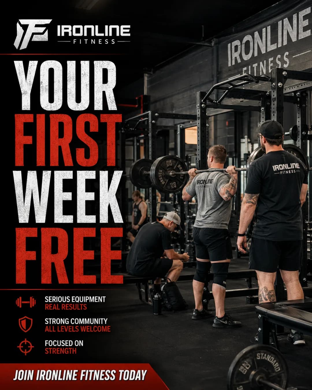 Revexly-generated gym ad: real gym floor with members training, first week free