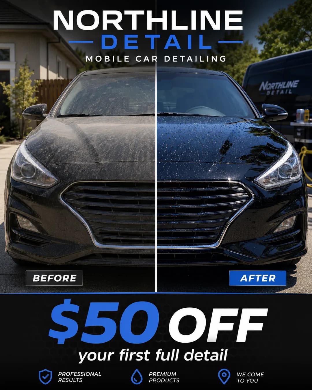 Revexly-generated car detailing ad: before-and-after of a full detail with $50 off the first booking